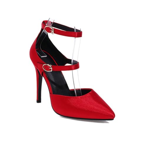 Damen Satin Spitz - Zehenpartie Hochzeit Heels Doppelter Knöchelriemen Stilettos Formelle Event Pumps,Rot,41 EU von Generic