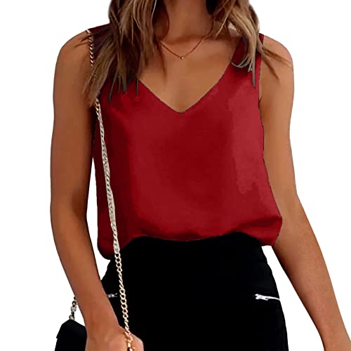 Damen Satin Tank Top Strap Basic Cami Sommer Weste Shirt Lässiges V-Ausschnitt Cami Ärmellose Chiffon Blusentop Casual Tank Bluse Shirt von Generic