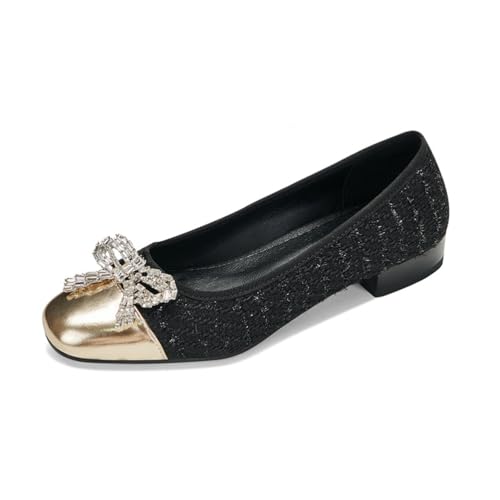 Damen Schick Quadratisch Geschlossene Spitze Flache Schuhe Mit Strass Schleife Dekor Zweifarbig Slip On Niedrige Absätze Stilvoll Täglich Casual Party Schuhe,Schwarz,37 EU von Generic