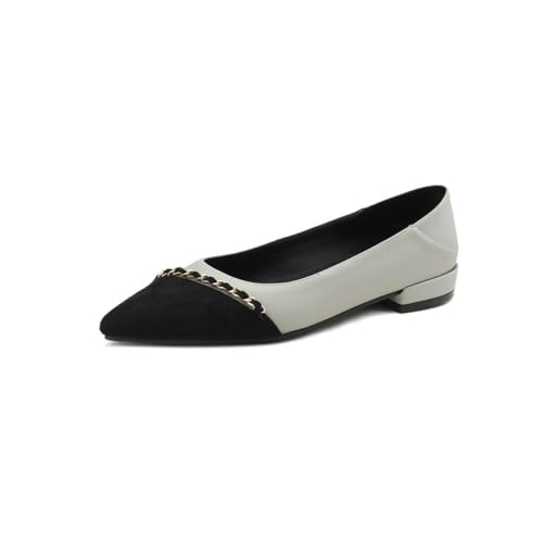 Damen Schick Spitze Ballerinas Kettendekor Zweifarbiges Design Obermaterial Aus Weichem Leder Gepolsterte Einlegesohle rutschfeste Laufsohle Stilvolle Büroschuhe,Grau,38.5 EU von Generic