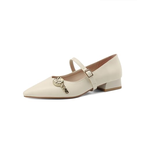 Damen Schicke Mary Jane Schuhe Mit Spitzer Spitze Einzigartigem Metallornament Verstellbare Schnalle Niedrige Blockabsätze Obermaterial Leder Slip on Büro,Weiß,36 EU von Generic