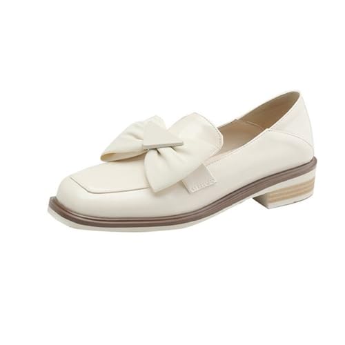 Damen Schicke Schleifen-Dekor Loafer Quadratfuß Niedrige Blockabsätze Slip on Stylische Alltag Freizeit Büro Arbeit Schuhe,Weiß,38 EU von Generic