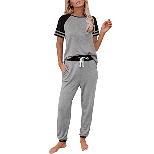 Damen-Schlafanzug, Flanell, Damen, Pyjama-Set, kurzärmelig, Farbblock, Nachtwäsche, Tops mit langer Hose, Pyjama-Set, Nachtwäsche, grau, 36 von Generic