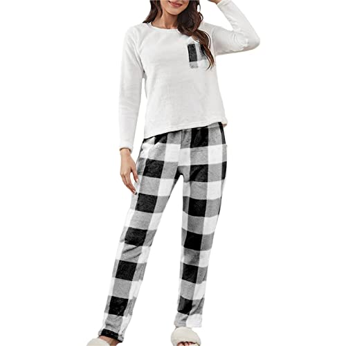 Damen Schlafanzug 2 Stück Verdickt Warm Flanell Lang Pyjama Set Plüsch Herbst Winter Nachtwäsche Fleece Zweiteiliger Sleepwear Kuschelig Loungewear Hausanzug mit Karierte Hose (H, M) von Generic