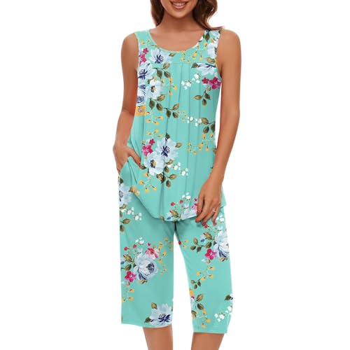 Damen Schlafanzug Baumwolle Sommer ärmelloses Pyjama Set Kurzarm Shirt mit 3/4 Lange Capri Hose Nachtwäsche Damen Schlafanzug Zweiteiliger Pyjama Sommer Nachthemd Hausanzug Pyjama von Generic