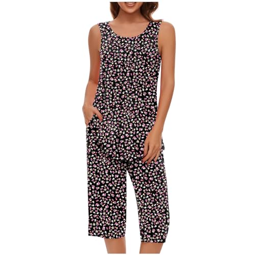 Damen Schlafanzug Baumwolle Sommer ärmelloses Pyjama Set Kurzarm Shirt mit 3/4 Lange Capri Hose Nachtwäsche Damen Schlafanzug Zweiteiliger Pyjama Sommer Nachthemd Hausanzug Pyjama von Generic