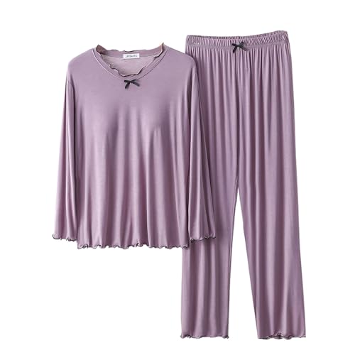 Damen Schlafanzug Damen Pyjama-Sets -Pyjama-Set Langarm-Oberteil mit integriertem BH und Langen Hosen Nachtwäsche 2-Set Schlafanzug Set Damen Seidennachthemd Damen (Purple, XL) von Generic