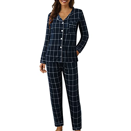 Damen Schlafanzug Lang Flanell Karierte Pyjamas Set Baumwolle Langarm Nachtwäsche mit Knopfleiste Zweiteiliger Hausanzug Sleepwear Loungewear Hausanzug mit Hose Herbst Winter (a-Q, L-2) von Generic