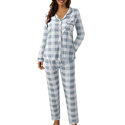 Damen Schlafanzug Lang Flanell Karierte Pyjamas Set Baumwolle Langarm Nachtwäsche mit Knopfleiste Zweiteiliger Hausanzug Sleepwear Loungewear Hausanzug mit Hose Herbst Winter (b-Blue, L) von Generic