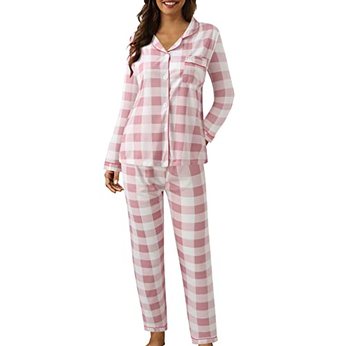 Damen Schlafanzug Lang Flanell Karierte Pyjamas Set Baumwolle Langarm Nachtwäsche mit Knopfleiste Zweiteiliger Hausanzug Sleepwear Loungewear Hausanzug mit Hose Herbst Winter (b-Pink, XXL) von Generic