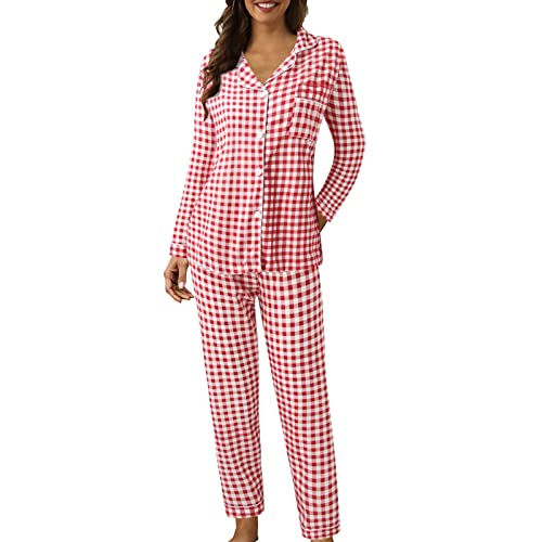 Damen Schlafanzug Lang Flanell Karierte Pyjamas Set Baumwolle Langarm Nachtwäsche mit Knopfleiste Zweiteiliger Hausanzug Sleepwear Loungewear Hausanzug mit Hose Herbst Winter (c-Red, XXL) von Generic