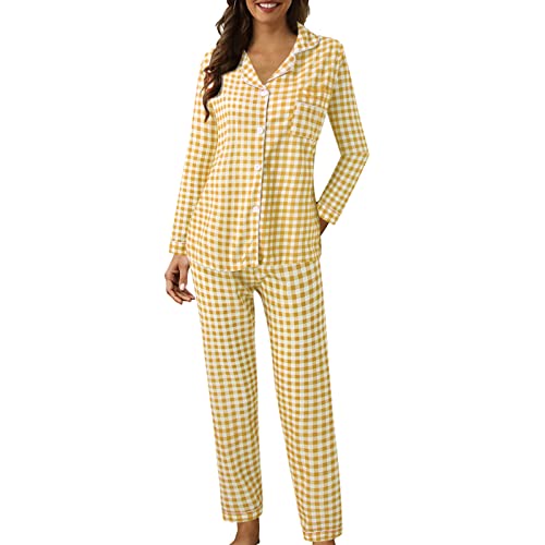 Damen Schlafanzug Lang Flanell Karierte Pyjamas Set Baumwolle Langarm Nachtwäsche mit Knopfleiste Zweiteiliger Hausanzug Sleepwear Loungewear Hausanzug mit Hose Herbst Winter (c-Yellow, M) von Generic