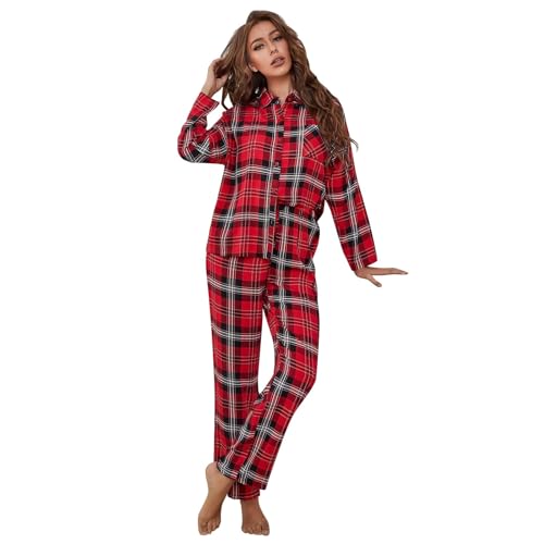 Damen Schlafanzug Lang Pyjama Set Damen Karierte Flanell Zweiteiliger Nachtwäsche Damen Pjs Set Knopfleiste Sleepwear Bequemer Oberteil und Pyjamahose (Rot, S) von Generic