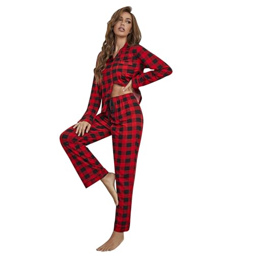 Damen Schlafanzug Lang Pyjama Set Karierte Flanell Zweiteiliger Nachtwäsche PJs Set Knopfleiste Sleepwear Bequemer Oberteil und Pyjamahose (Rot#02, XL) von Generic
