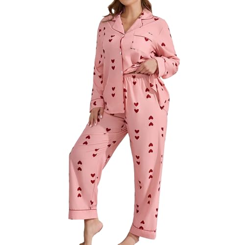 Damen Schlafanzug Lang Women's Heart Shaped Printed Long Sleeved Long Pants Sleepwear Plus Size Plus Two Piece Set Women Pj Set Pyjama Damen Baumwolle Kariert (Pink, XXXXL) von Generic