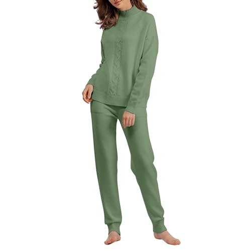 Damen Schlafanzug Lang baumwolle Frauen Winter Einfarbig Langarm Rollkragen Stricken Pullover Breite Bein Hosen Lose Version Von Casual Hause Tragen Sets Schlafanzughose Damen Winter (Green, One Size) von Generic
