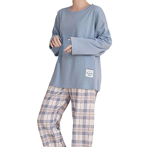 Damen Schlafanzug Zweiteiliger Karierte Pyjama Set Langearm Nachthemd Hausanzug Baumwolle Sleepwear Soft Loungewear Nachtwäsche Oberteil und Hose für Frühling Herbst (Light Blue, XL) von Generic