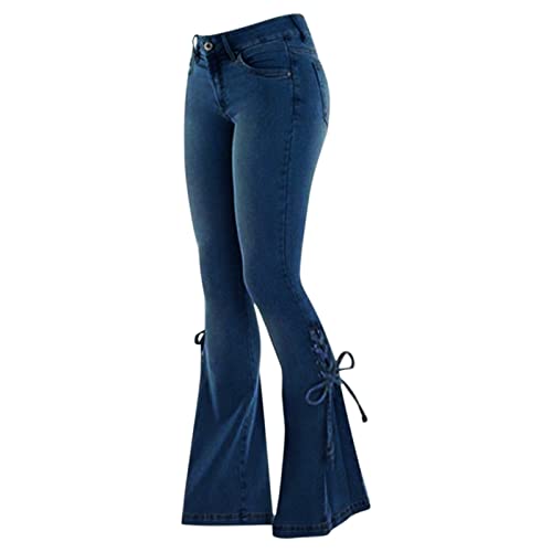 Damen Schlaghose Jeans Lange Stretch Jeans Hoch Taillierte Elegante Schlaghose Mid Waist Schnür Denim Hose Boot Cut Jeans Style Schlaghosen (Blue, XXL) von Generic