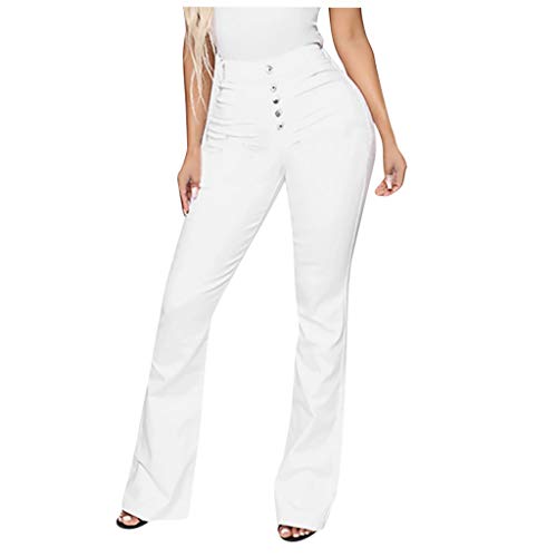 Damen Schlagjeans mit hoher Taille, Po, Lifting, Stretch-Knöpfe, Glockenunterteil, Skinny Denim-Hose, weites Bein, Lounge, Smart-Hose, Arbeitshose, Damen, volle Länge, Matrosenhose, weiß, XXXX-Large von Generic