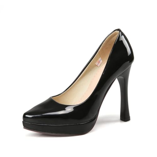 Damen Schlanke Spitze Geschlossene Zehen Pumps Glänzendes Finish Stiletto Heels Plateau Slip on Stilvolles Abendkleid Party Ballschuhe,Schwarz,40 EU von Generic