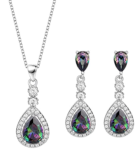 Damen-Schmuckset, 925er Sterlingsilber, eingelegte Wassertropfen, bunte Zirkonia, Halskette, Ohrringe, zweiteiliges Set von Generic