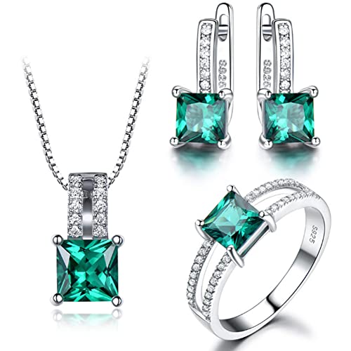 Damen Schmuckset 925 Sterling Silber Smaragd Anhänger Halskette Ohrringe Ring Dreiteiliges Set von Generic
