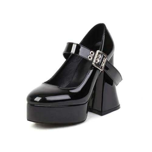 Damen Schnalle Mary Jane Schuhe Hoher Stämmiger Ferse Plateau Pumps Geschlossene Runde Zehen Lackleder Uniform Kleid Schuhe,Black2,38 EU von Generic