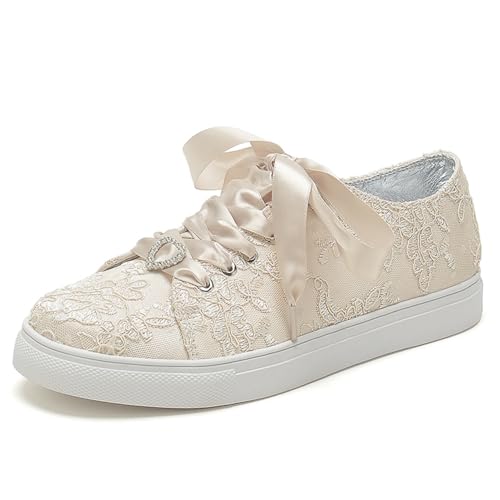 Damen Schnür-Braut-Sneakers Plateau Spitze Tennisschuhe Geschlossene Runde Zehen-Hochzeits-Sneakers,Champagne,37 EU Damen Schnür-Braut-Sneakers Plateau Spitze Tennisschuhe Geschlossene Runde Zehen-Hochzeits-Sneakers,Champagne,37 EU von smlekwc