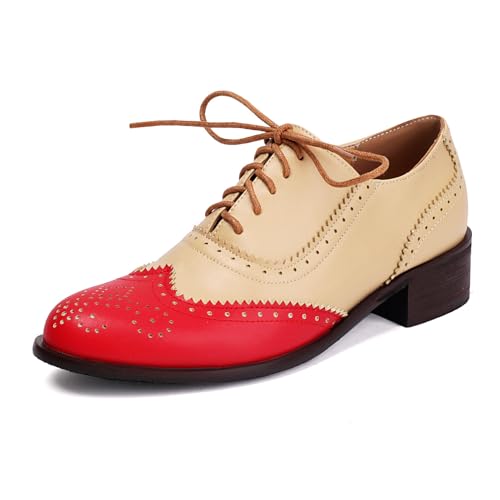 Damen Schnüren Brogue Oxfords Niedriger Blockabsatz Vintage Kleid Schuhe Geschlossene Runde Zehen Freizeitschuhe,Rot,43 EU von Generic