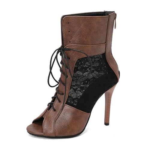 Damen Schnüren Kurze Stiefel Mit Reißverschluss Hinten Peeptoe PU-Leder Partei Abschlussball Kleid Sandalen Sexy Hoher Absatz Mittelhohe Stiefel,Braun,38 EU von Generic