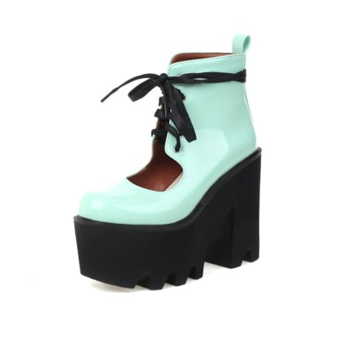 Damen Schnüren Lackleder Stiefeletten Geschlossene Runde Zehen Mary Janes Hoher Stämmiger Ferse Plateau Pumps,Grün,37 EU von Generic