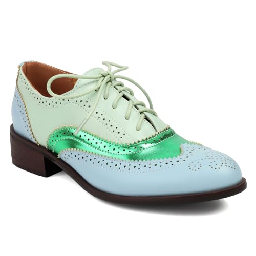 Damen Schnüren Oxfords Schuhe PU Leder Vintage Brogues Niedriger Ferse Formelle Kleid Schuhe,Grün,39 EU von Generic