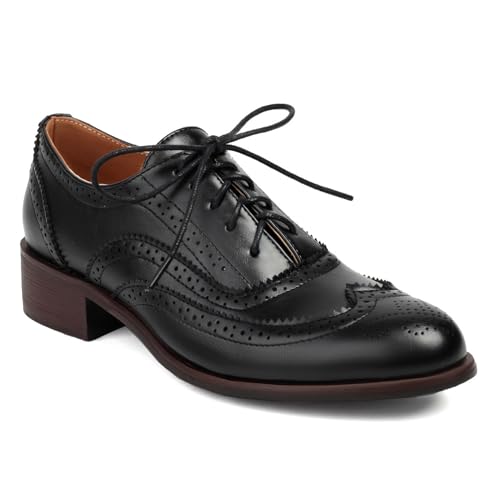 Damen Schnüren Oxfords Schuhe PU Leder Vintage Brogues Niedriger Ferse Formelle Kleid Schuhe,Schwarz,46 EU von Generic