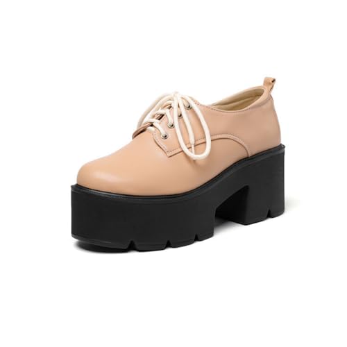 Damen Schnüren PU Leder Schuhe Geschlossene Runde Zehe Büro Kleid Schuhe Hoher Blockasbatz Plateau Loafer,Apricot,35 EU von Generic