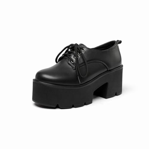 Damen Schnüren PU Leder Schuhe Geschlossene Runde Zehe Büro Kleid Schuhe Hoher Blockasbatz Plateau Loafer,Schwarz,38 EU von Generic