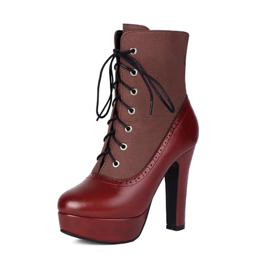 Damen Schnüren Plateaukleid Pumps Hoher Blockabsatz Stiefeletten Geschlossene Runde Zehen Kurze Stiefel Aus PU-Leder,Rot,38 EU von Generic