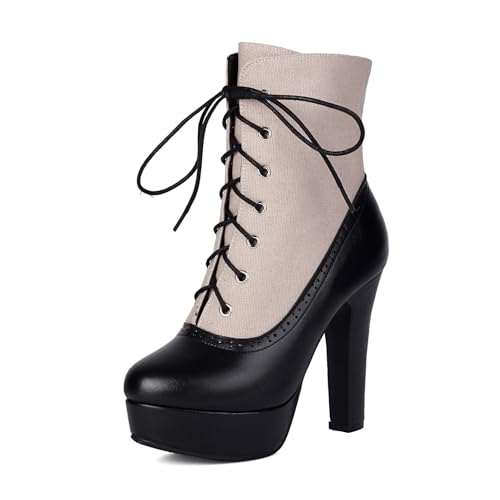 Damen Schnüren Plateaukleid Pumps Hoher Blockabsatz Stiefeletten Geschlossene Runde Zehen Kurze Stiefel Aus PU-Leder,Schwarz,38.5 EU von Generic