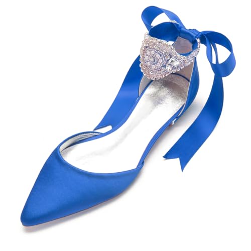 Damen Schnürschuhe Aus Satin Geschlossene Ballerina Mit Spitzer Zehenpartie Flach Mit Strasssteinen Niedrige Stämmiger Absatz Brautsandalen,Blau,39 EU von FQMAYPO