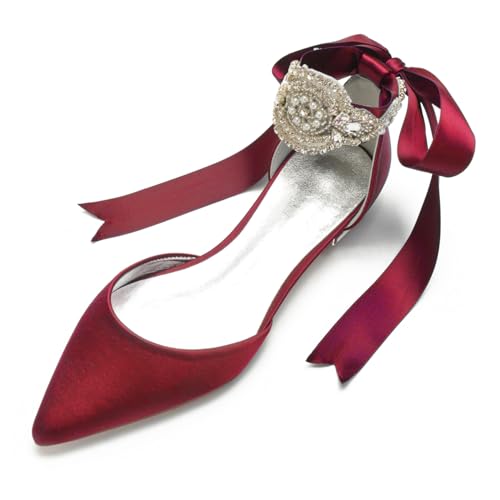 Damen Schnürschuhe Aus Satin Geschlossene Ballerina Mit Spitzer Zehenpartie Flach Mit Strasssteinen Niedrige Stämmiger Absatz Brautsandalen,Burgundy,38 EU Damen Schnürschuhe Aus Satin Geschlossene Ballerina Mit Spitzer Zehenpartie Flach Mit Strasssteinen Niedrige Stämmiger Absatz Brautsandalen,Burgundy,38 EU von FQMAYPO