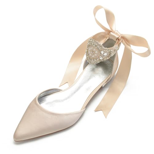 Damen Schnürschuhe Aus Satin Geschlossene Ballerina Mit Spitzer Zehenpartie Flach Mit Strasssteinen Niedrige Stämmiger Absatz Brautsandalen,Champagne,39 EU Damen Schnürschuhe Aus Satin Geschlossene Ballerina Mit Spitzer Zehenpartie Flach Mit Strasssteinen Niedrige Stämmiger Absatz Brautsandalen,Champagne,39 EU von FQMAYPO