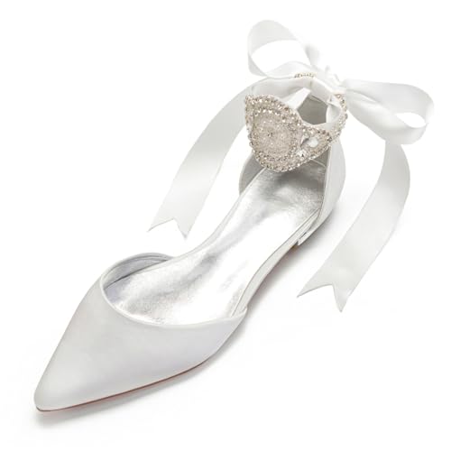 Damen Schnürschuhe Aus Satin Geschlossene Ballerina Mit Spitzer Zehenpartie Flach Mit Strasssteinen Niedrige Stämmiger Absatz Brautsandalen,Elfenbein,43 EU von FQMAYPO
