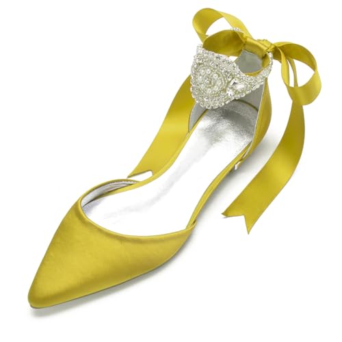 Damen Schnürschuhe Aus Satin Geschlossene Ballerina Mit Spitzer Zehenpartie Flach Mit Strasssteinen Niedrige Stämmiger Absatz Brautsandalen,Gelb,38 EU Damen Schnürschuhe Aus Satin Geschlossene Ballerina Mit Spitzer Zehenpartie Flach Mit Strasssteinen Niedrige Stämmiger Absatz Brautsandalen,Gelb,38 EU von Generic