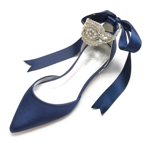 Damen Schnürschuhe Aus Satin Geschlossene Ballerina Mit Spitzer Zehenpartie Flach Mit Strasssteinen Niedrige Stämmiger Absatz Brautsandalen,Marine,38 EU von FQMAYPO