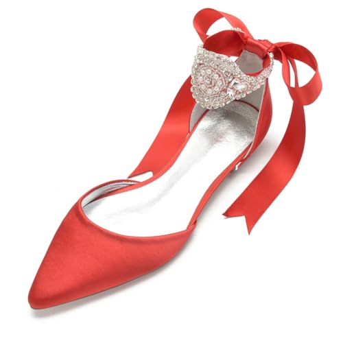 Damen Schnürschuhe Aus Satin Geschlossene Ballerina Mit Spitzer Zehenpartie Flach Mit Strasssteinen Niedrige Stämmiger Absatz Brautsandalen,Rot,41 EU Damen Schnürschuhe Aus Satin Geschlossene Ballerina Mit Spitzer Zehenpartie Flach Mit Strasssteinen Niedrige Stämmiger Absatz Brautsandalen,Rot,41 EU von FQMAYPO
