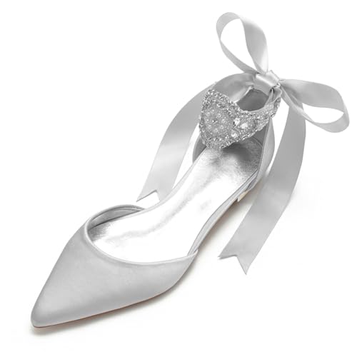 Damen Schnürschuhe Aus Satin Geschlossene Ballerina Mit Spitzer Zehenpartie Flach Mit Strasssteinen Niedrige Stämmiger Absatz Brautsandalen,Silber,41 EU von FQMAYPO