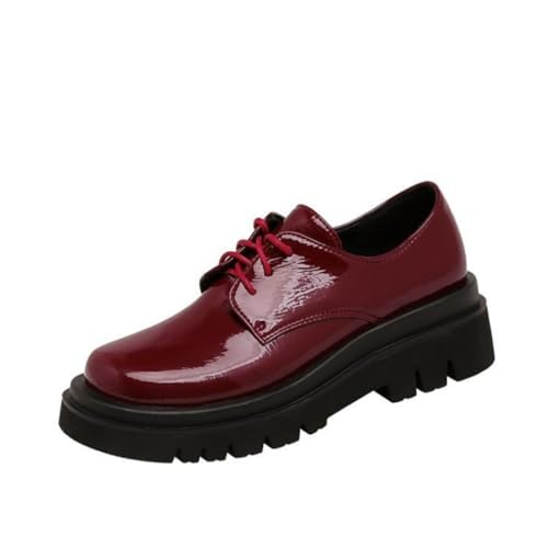 Damen Schnürung Arbeit Büro Kleid Schuhe Geschlossene Zehe Lackleder Loafers Schuhe Blockabsatz Plateau Freizeitschuhe,Rot,41.5 EU von SMAALEB