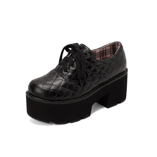 Damen Schnürung Mary Janes Geschlossene Runde Zehe PU Leder Plateau Schuhe Hoher Blockabsatz Uniform Kleid Schuhe,Schwarz,38 EU von SMAALEB