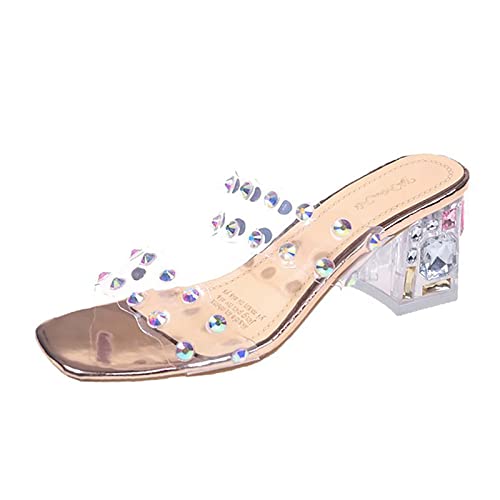 Damen Schuhe Herbst Absatz Frauen Sandalen Sommer Mode Neues Muster Farbe Strass Transparent Quadratische Ferse Rutschfeste Komfort Bequeme Slip On High Heels Wasserfeste Sandalen Damen von Generic