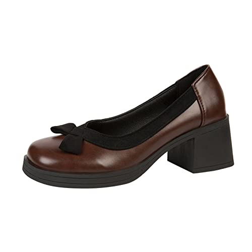 Damen Schuhe Keilabsatz Flacher Mund Lederschuhe Dicke High Heel Lässige Pumps Einlagen Schuhe Plattfuß Damen (Brown, 40) von Generic