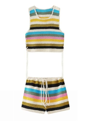 Damen-Set, gestreift, Kontrastfarbe, Strickweste, Top + Shorts mit hoher Taille, Set-S von Generic